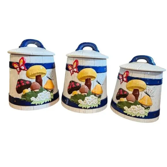 Vintage 3 pc Butterfly Mushroom Canister Set - Picture 1 of 5